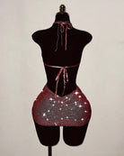 Red rhinestone fishnet halter backless mini dress, open back with tied straps