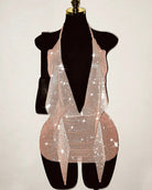 Gold rhinestone fishnet halter mini dress on mannequin with open-back deep V