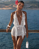White rhinestone fishnet halter mini dress with open back and halter ties