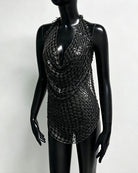 Black sequin halter fringe top with V-neck and draped chain-mesh design