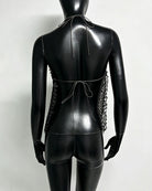 Black sequin halter fringe top, open back with tie straps
