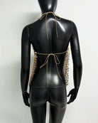 Gold sequin halter fringe top, open back with tie closure