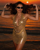 Gold sequin halter fringe mini top with openwork mesh and deep V-neck