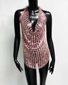 Pink sequin halter fringe top with V-neck and chain-mesh sparkle pattern