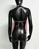 Pink sequin halter fringe top with open back and center tie bow