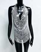 Silver sequin halter long top with layered chain fringe