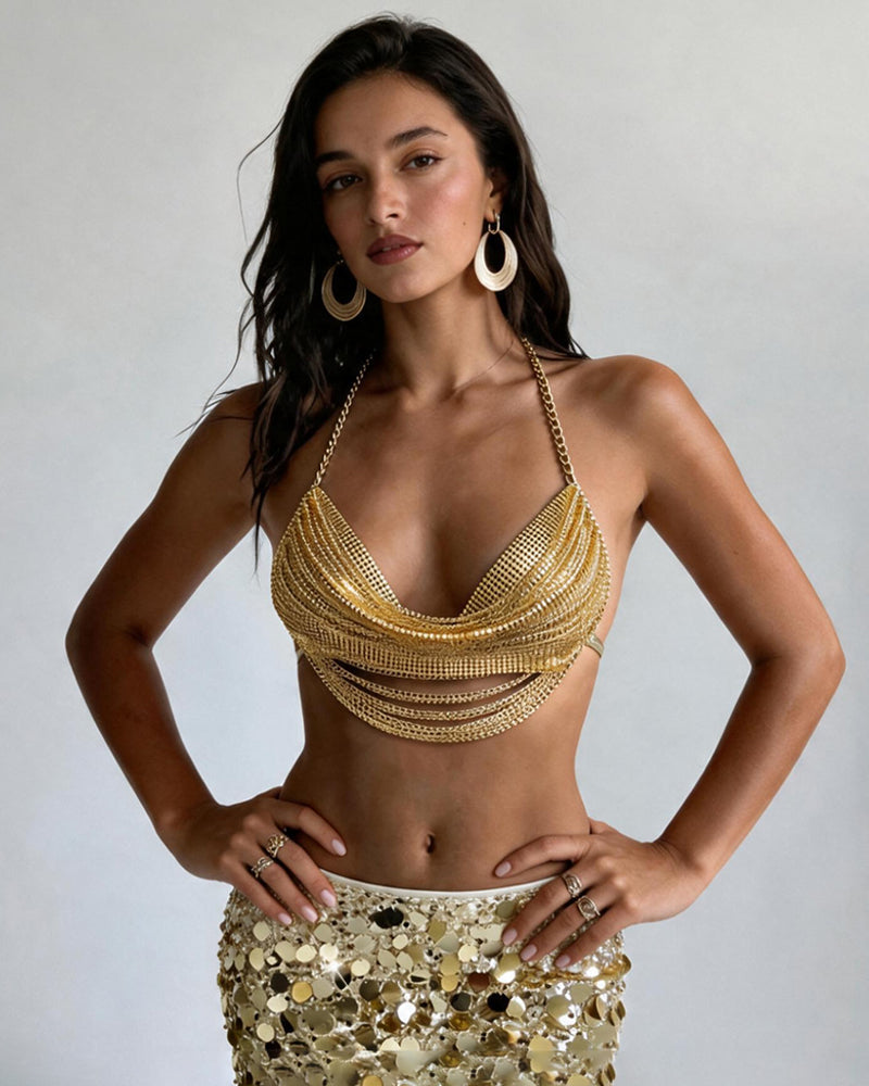 Gold metallic chain drape halter bra top with layered drape chains