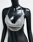 Silver metallic chain drape halter bra top on mannequin, layered drape chains