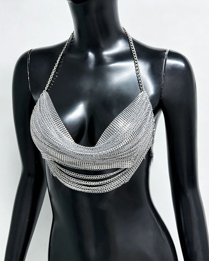 Silver metallic chain drape halter bra top on mannequin, layered drape chains