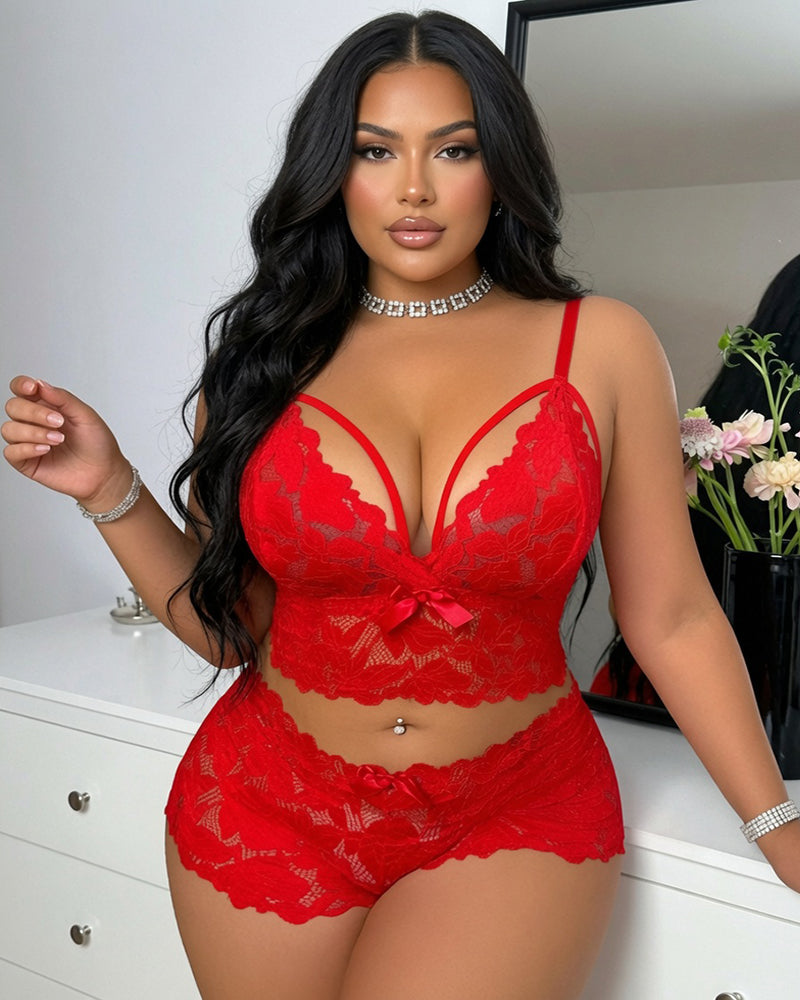 Red floral lace bra and matching lace shorts set with V-neck cups and center bow