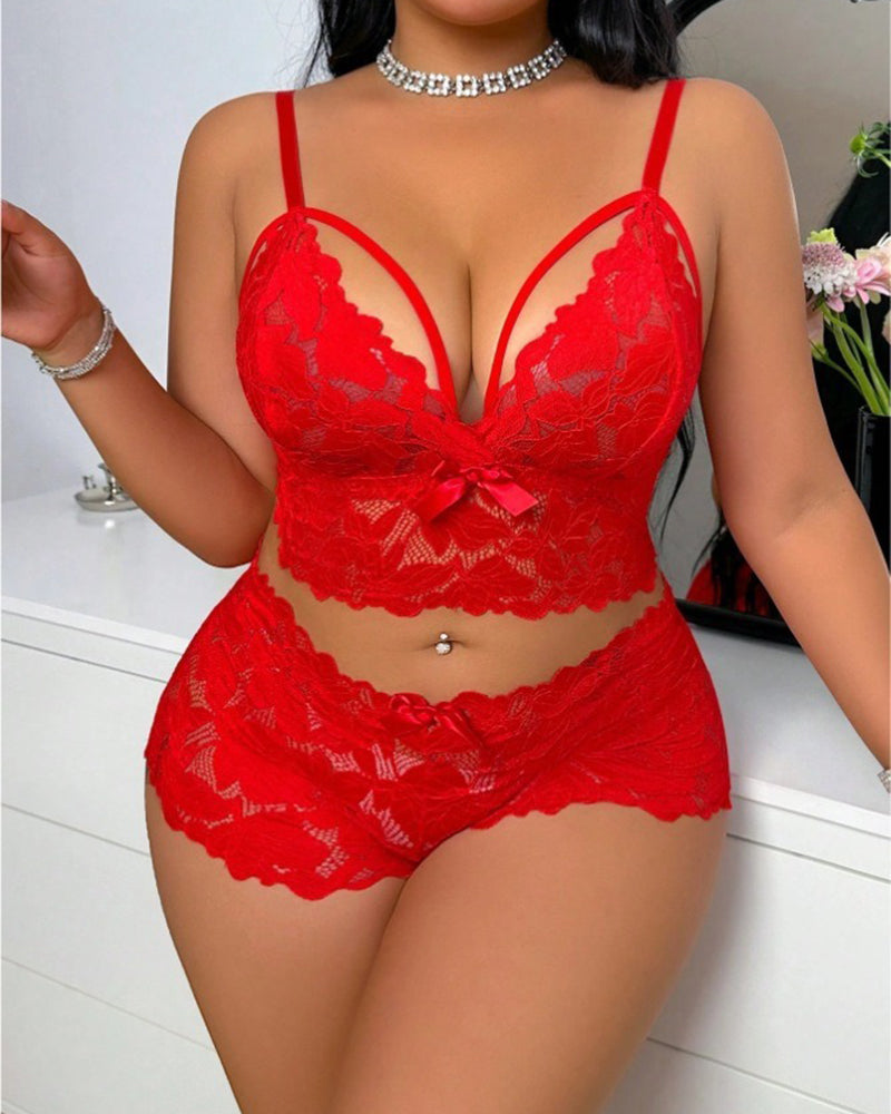 Red floral lace bra and matching shorts lingerie set with adjustable straps
