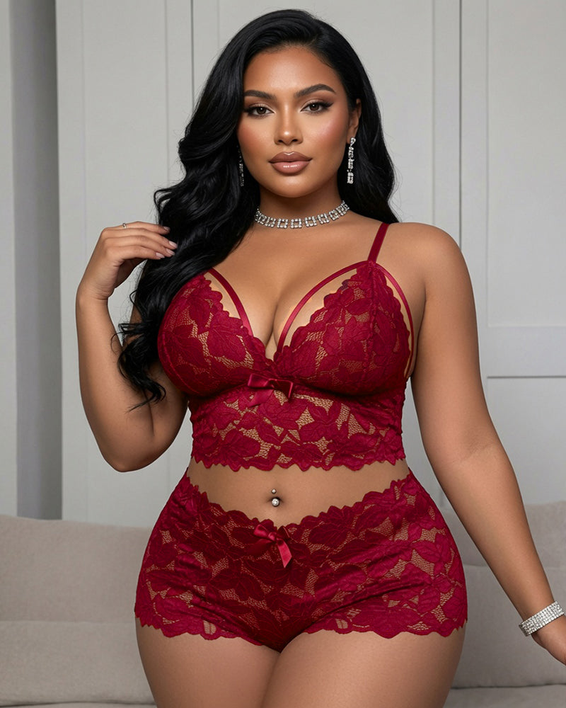Burgundy floral lace plunge bra and matching shorts lingerie set, bow at center