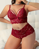 Burgundy floral lace bra and high-waist shorts lingerie set with lace trim