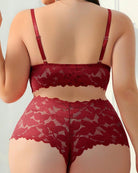 Back view of burgundy floral lace bra and matching shorts lingerie set with straps