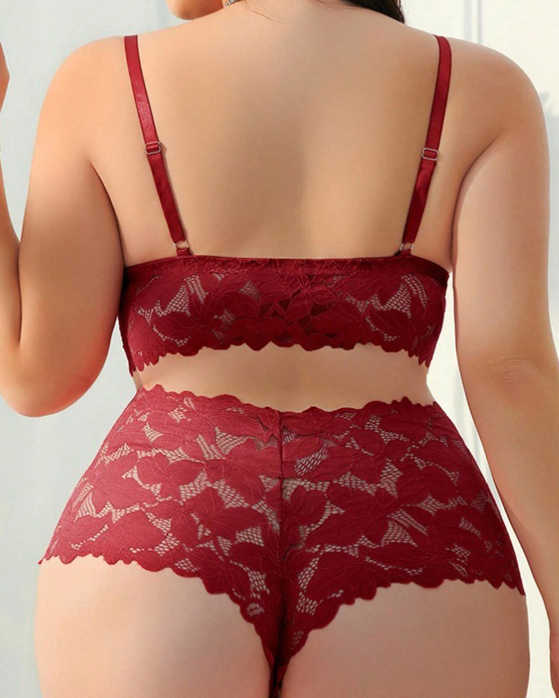 Back view of burgundy floral lace bra and matching shorts lingerie set with straps