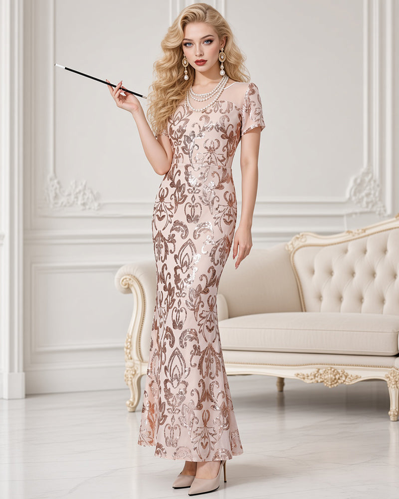 Apricot sequin maxi dress with high slit, short sleeves, fitted column silhouette