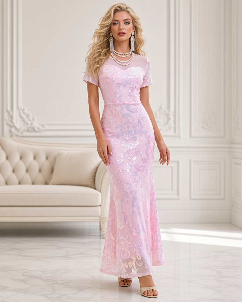 Sequin Mesh-Back High-Slit Maxi Dress