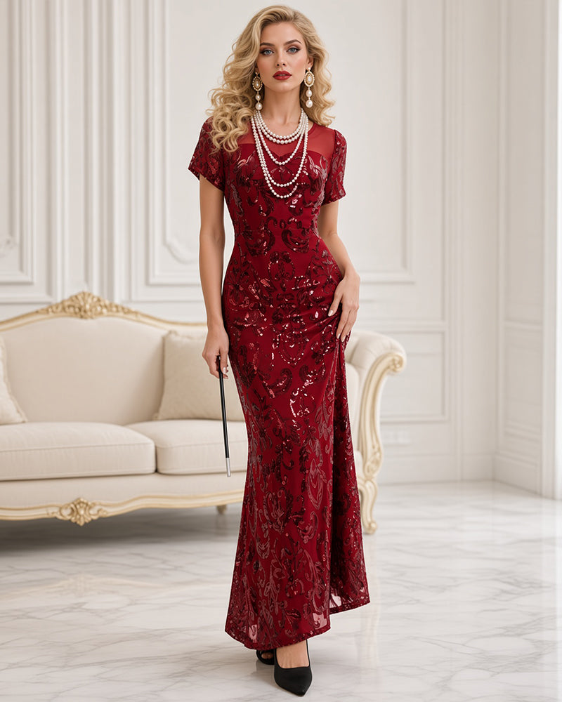 Sequin Mesh-Back High-Slit Maxi Dress