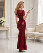 Burgundy sequin maxi dress with high slit, short sleeves, side-seam fitted look