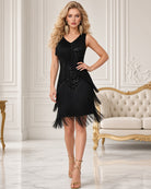 Black V-neck rhinestone mesh fringe mini dress with layered tassel hem