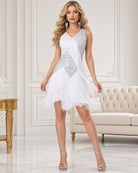 White V-neck rhinestone mesh fringe mini dress with chevron sparkle yoke