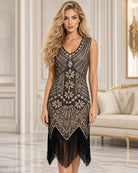 Art Deco satin midi dress, sleeveless V-neck, taupe-gold with black print and fringe hem