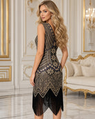 Art Deco satin midi dress, sleeveless V-neck, olive-brown with gold floral print and fringe