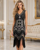 Art Deco satin midi dress, sleeveless V-neck, black with silver-gold floral print and fringe
