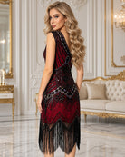 Art Deco satin midi dress, sleeveless V-neck, black with deep red print and long fringe hem