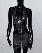 Black rhinestone mesh cut-out crop top and shorts set on mannequin, front view