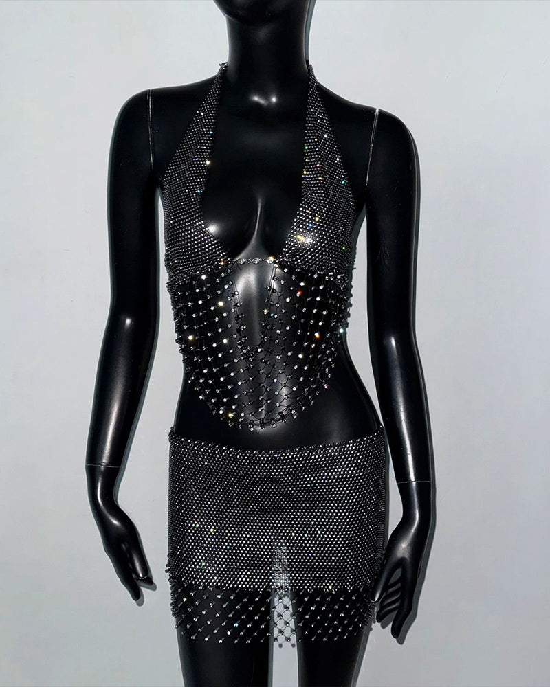 Black rhinestone mesh cut-out crop top and shorts set on mannequin, front view