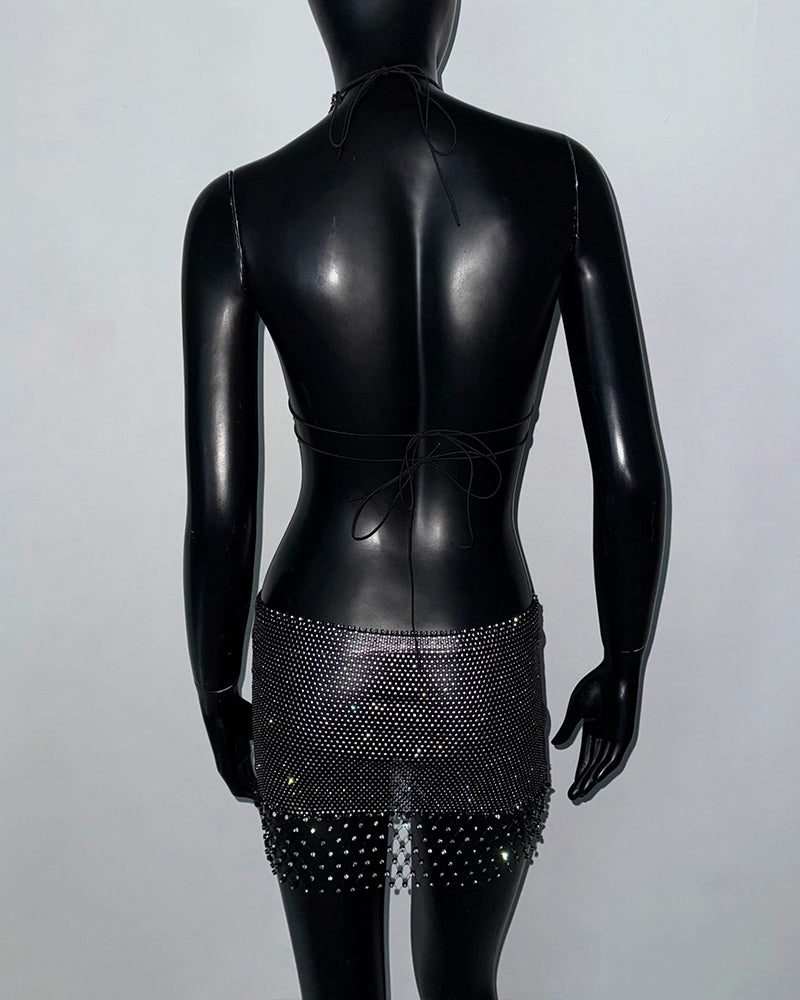 Black rhinestone mesh cut-out crop top and shorts set on mannequin, back view