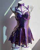 Holographic purple mini dress with halter harness straps and flared ruffle skirt