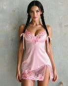 Pink satin floral chemise with lace-trimmed neckline and hem, tie spaghetti straps