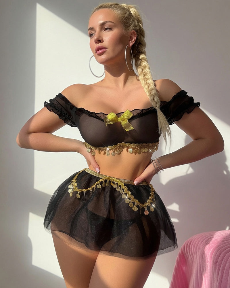 Black mesh lingerie set with off-shoulder ruffles, gold coin chain belt and bow