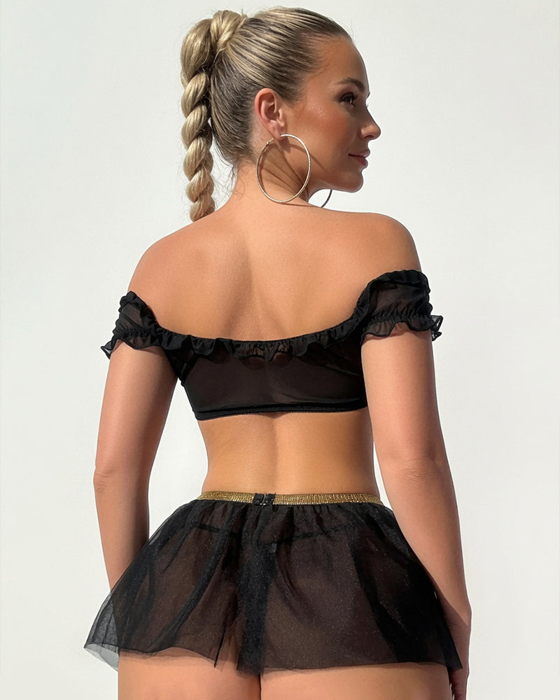 Black off-shoulder mesh lingerie set with back view ruffle trim and short tulle skirt