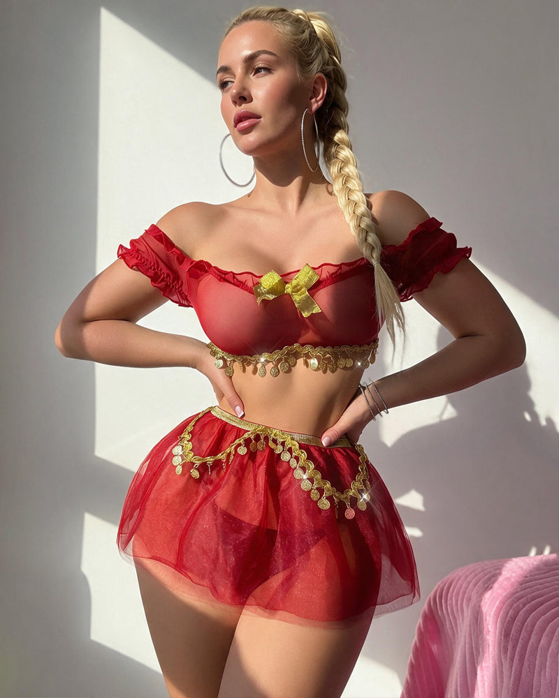 Avidlove Arabian Genie Cosplay Mesh Lingerie Set with Gold Coin Chain Belt - Red