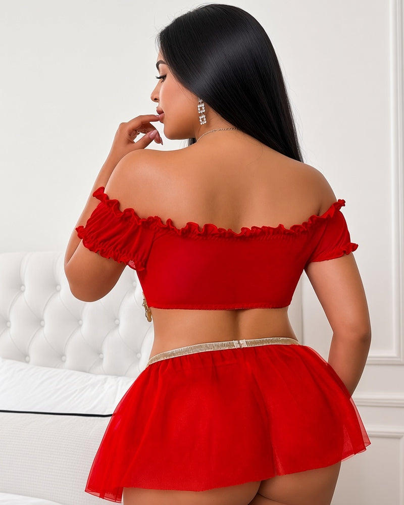 Red off-shoulder sheer crop top and tulle mini skirt with gold coin belt