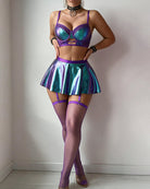 Purple teal holographic bra and flare skirt set with garters, front full-body, fishnet
