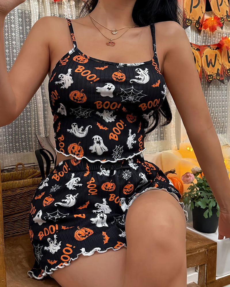 Black cami and ruffle shorts pajama set with Halloween boo, ghosts, pumpkins, and spiderweb print