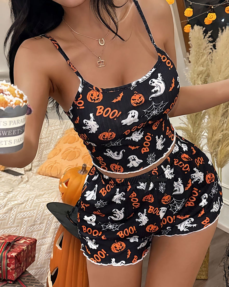 Black cami crop top and ruffle shorts set with Halloween boo and ghost pumpkin pattern