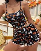Black Halloween pajama set with cami crop top and matching ruffle shorts, boo and pumpkin print