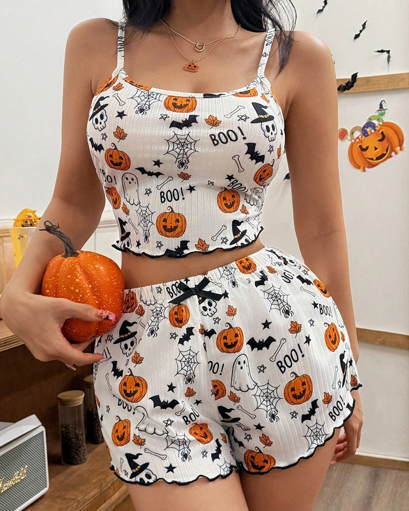 Halloween Pumpkin Ghost Print Crop Cami Top and Shorts Pajama Set - White 2