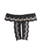 Black lace mesh crotchless thong panty with scalloped lace border (flat lay).