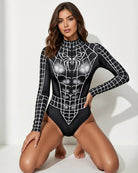 Black spiderweb-print long-sleeve crotchless bodysuit with high-cut legs