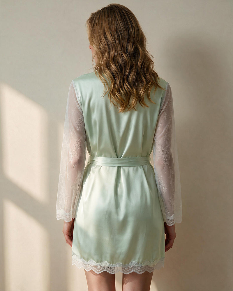 Satin Lace Sleeve Wrap Robe - Mint Green
