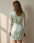 Mint satin lace wrap robe, back view, long sheer lace sleeves, belted waist