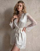 White satin lace wrap robe, front view, V-neck with lace trim, belted waist