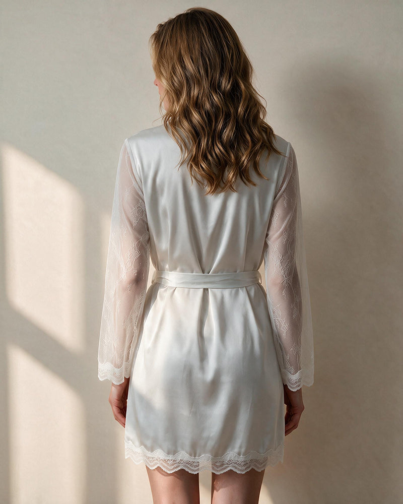 White satin lace wrap robe, back view, long sheer lace sleeves, lace hem