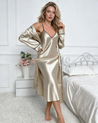 Khaki satin V-neck slip dress with thin straps and open-front robe, robe sleeves draped
